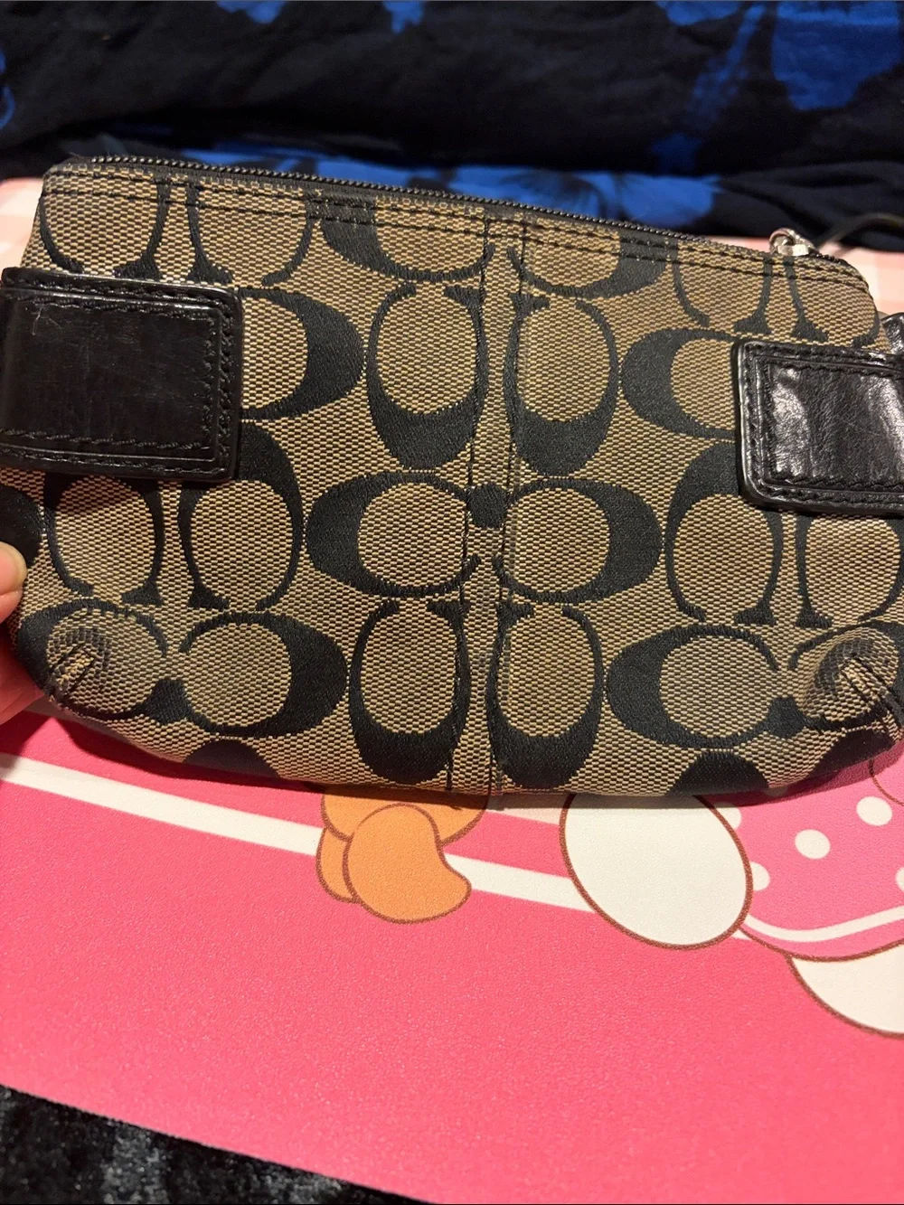 Coach Black & Tan Signature Canvas Wristlet with Buckle Accents